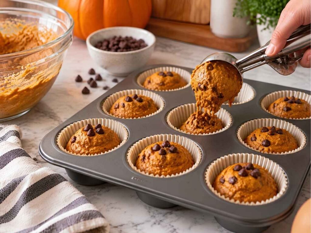 Fill the Cups
Use a large ice cream scoop or a 1/4 cup measure to divide the batter evenly, filling each liner about three-quarters full.