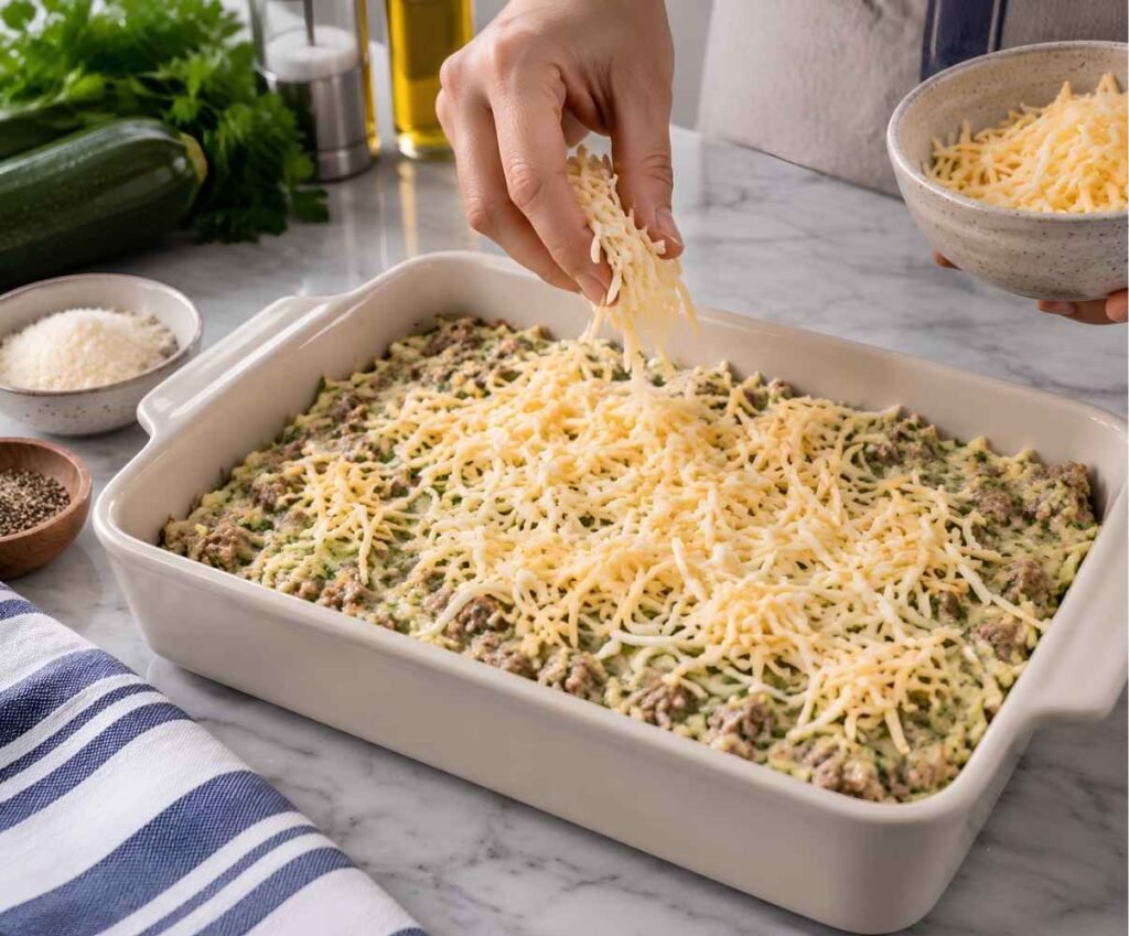 Fill the Dish and Top It. Spread the mixture into the prepared dish in an even layer.