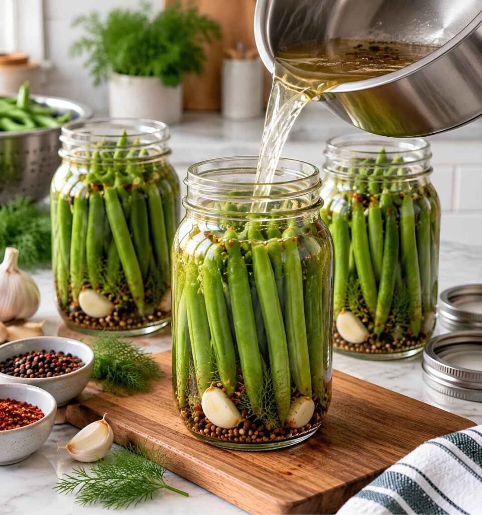 Fill the Jars with BrineCarefully pour the hot brine over the packed green beans until they are fully covered, leaving about ½ inch of headspace at the top of each jar.