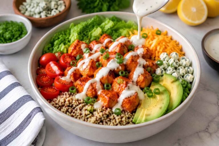 These high protein buffalo chicken bowls combine bold buffalo flavor with fresh