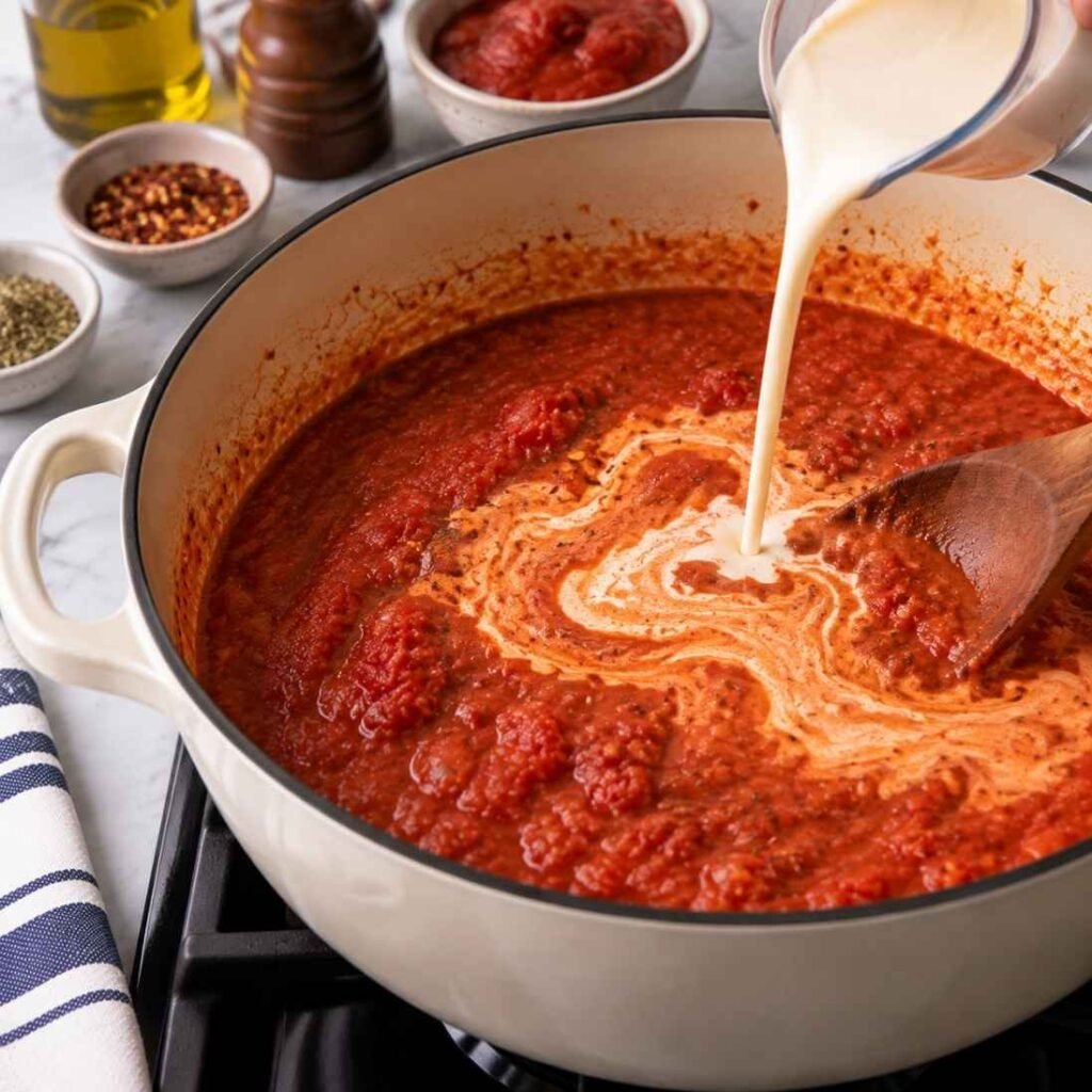 Finish the Creamy SauceAdd the crushed tomatoes and red pepper flakes.