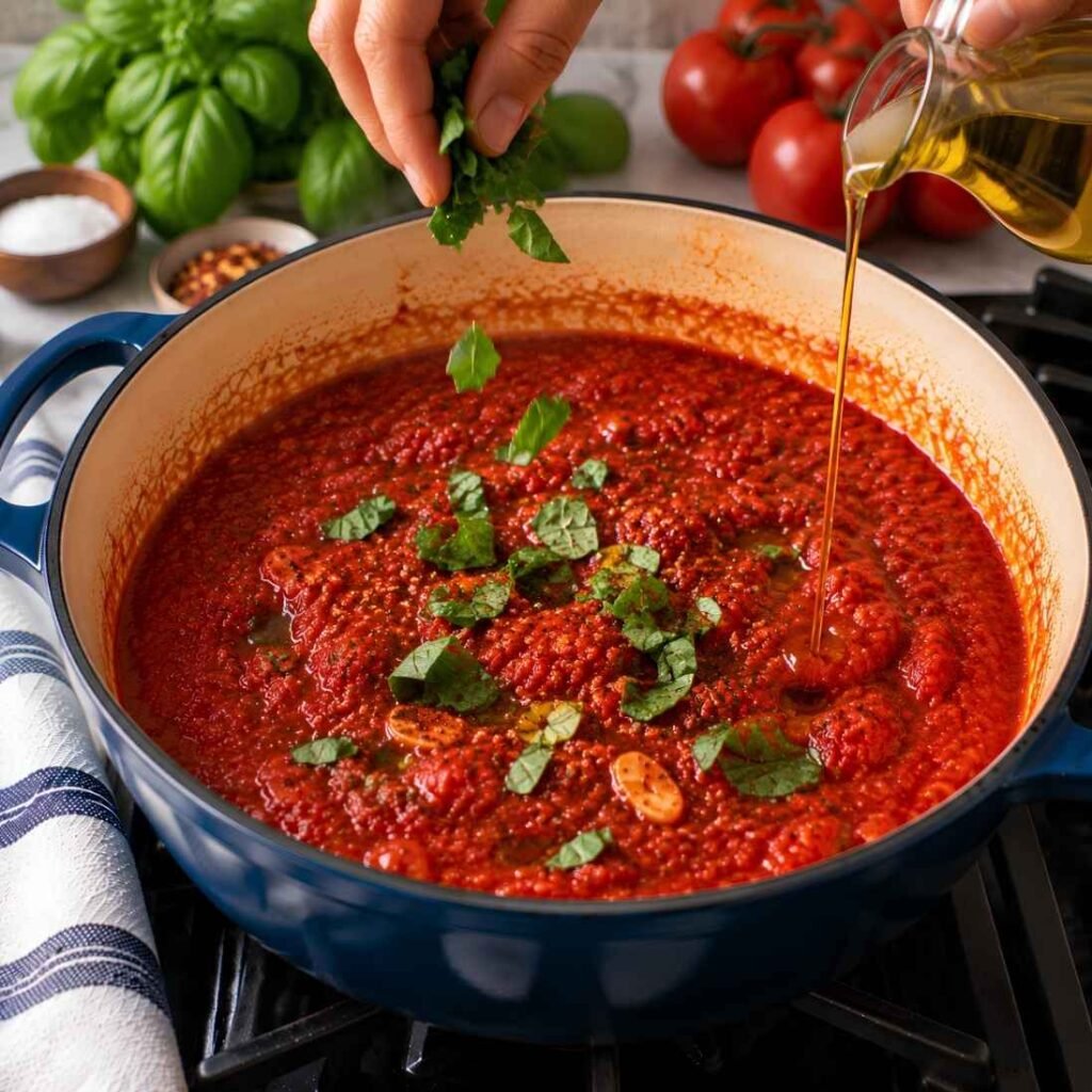 Finish with Basil and Oil
Take the pan off the heat.