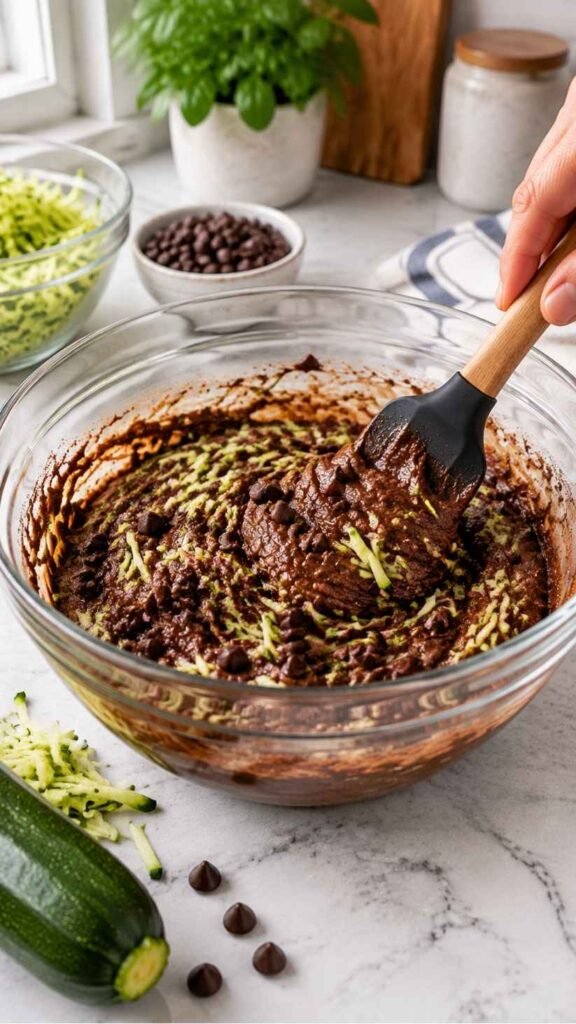  Fold in Zucchini and Chocolate
Add the pressed zucchini and the chocolate chips,