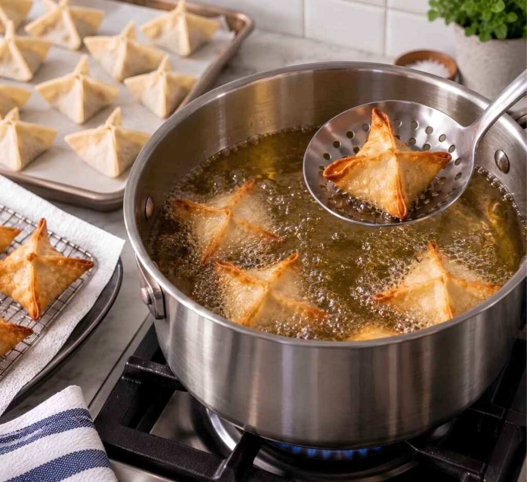 Fry in Batches. Lower 5 or 6 rangoon into the oil with a spider strainer and fry for 2 to 3 minutes,
