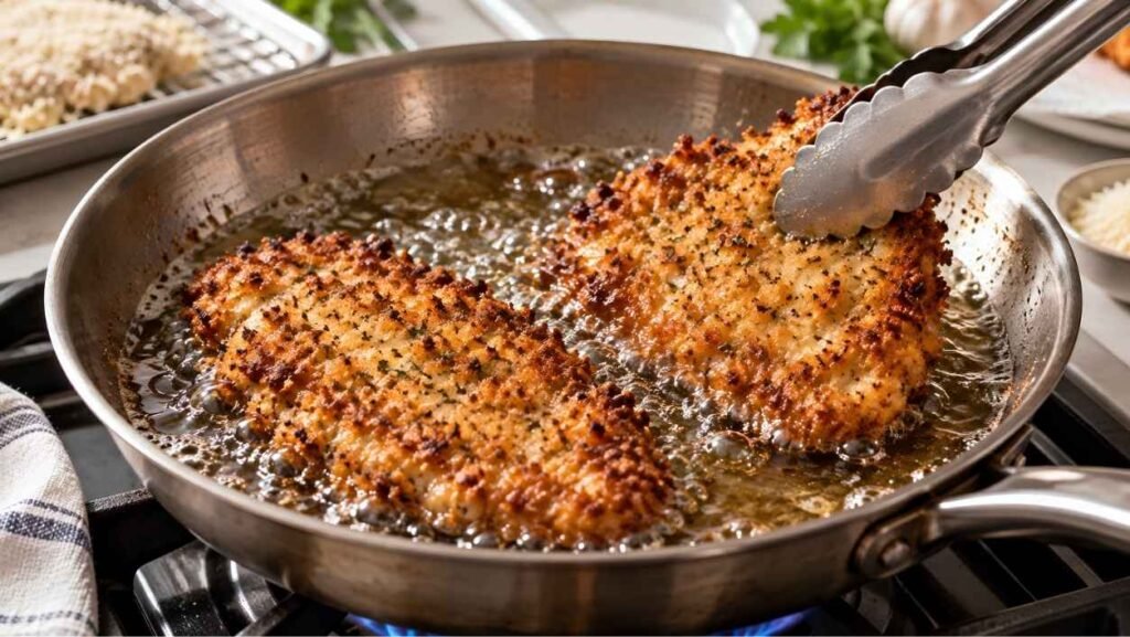 Fry in Two Batches Lay two cutlets in the pan with space between them and fry for 3 to 4 minutes, until deep golden.