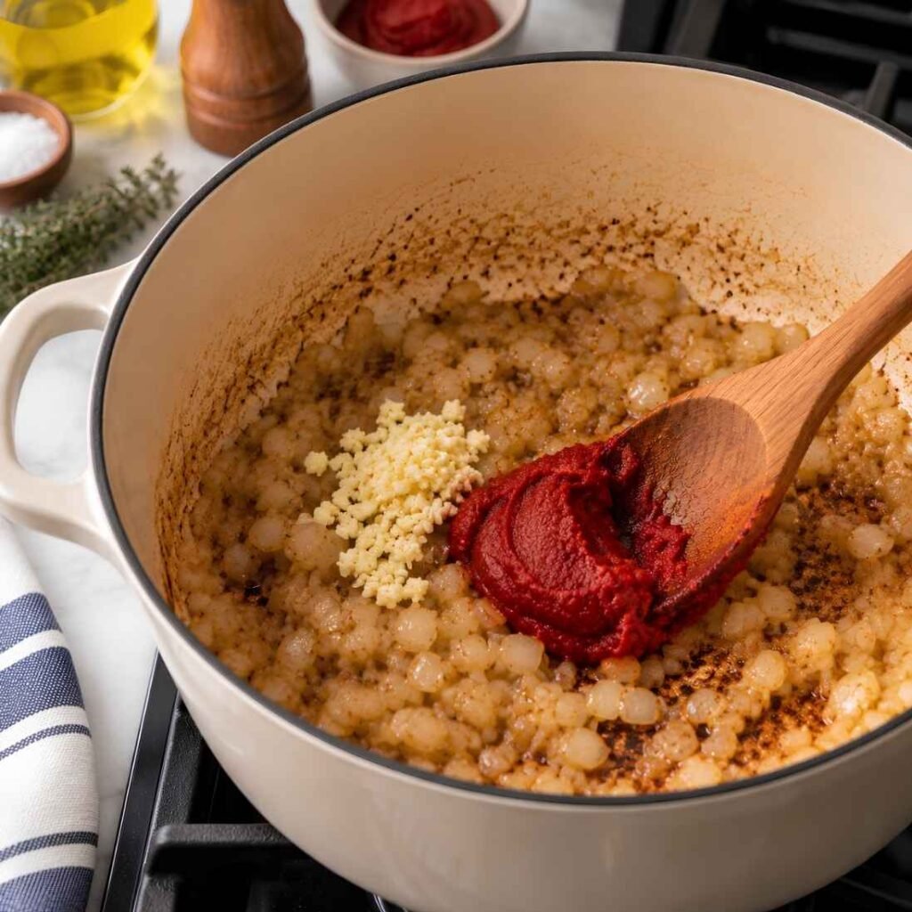 Garlic and Tomato Paste
Add the garlic and cook for 30 seconds until fragrant.