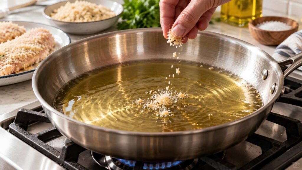 Heat the Oil Pour the oil into a 12-inch skillet to a depth of about a quarter inch and heat over medium. 