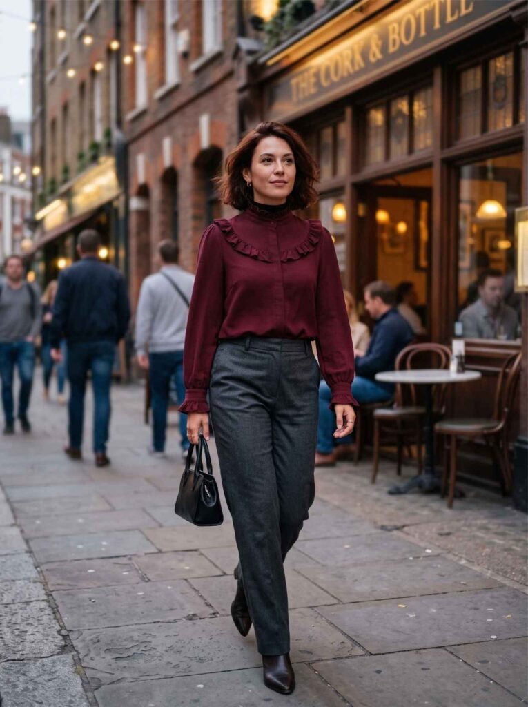 High Collar Blouse With a Choker Layered Over Fabric