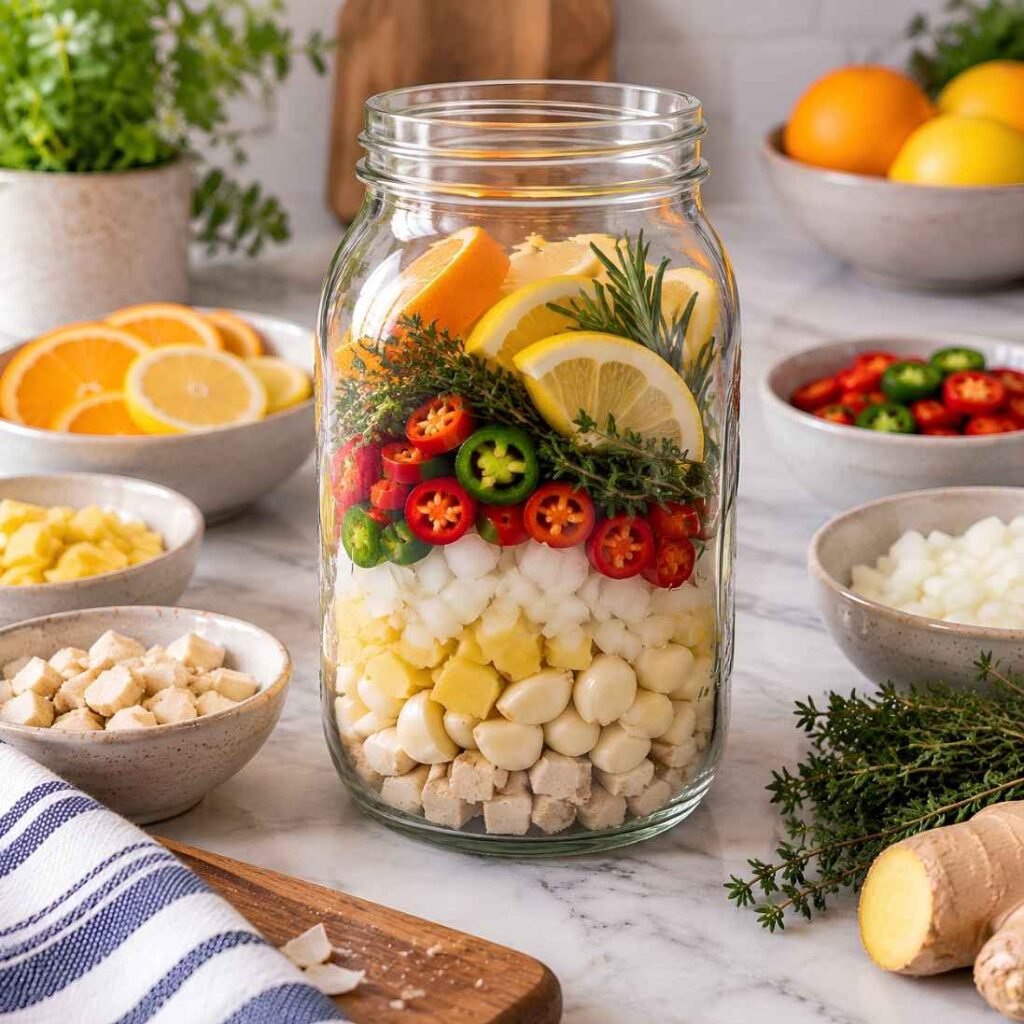  Layer the Jar Place all the chopped aromatics, sliced citrus, peppers, and herbs into a large, clean glass jar.