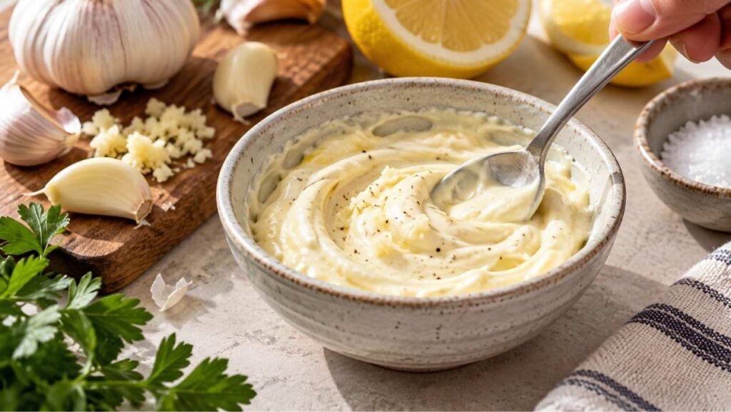 Make the Aioli First Stir the mayonnaise, grated garlic,