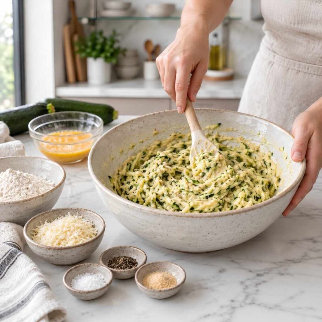 Make the Batter
Add the drained zucchini to a large mixing bowl along with the beaten egg
