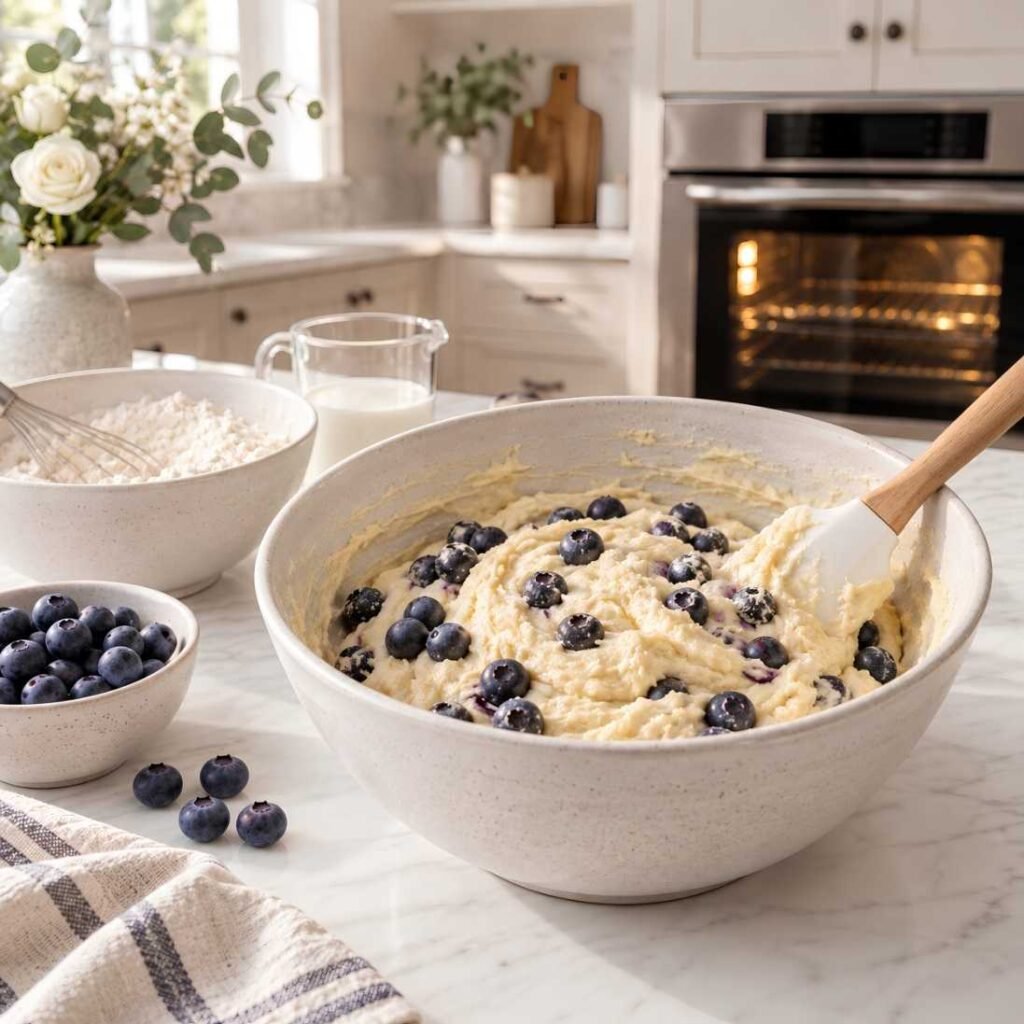 Make the Blueberry Batter
Whisk the flour, baking powder, and salt together in a separate bowl. Gradually add the dry ingredients and milk to the butter mixture, mixing just until combined. 