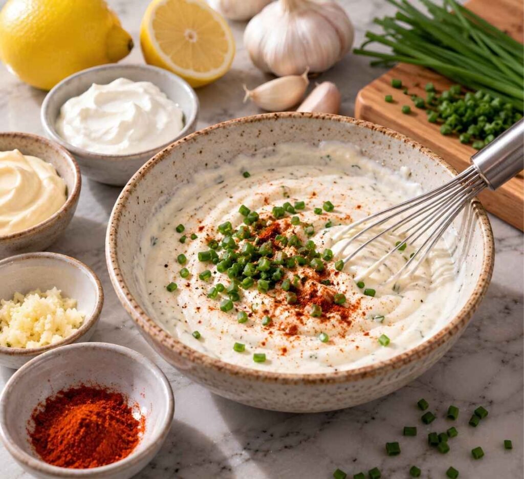 Make the Dip While They Bake: Stir the mayonnaise, sour cream, grated garlic,