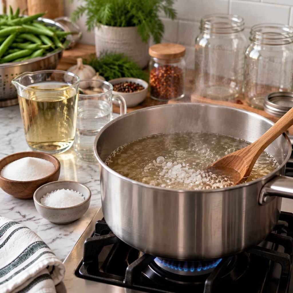 Make the Pickling BrineIn a saucepan, combine white vinegar, water, pickling salt, and suga