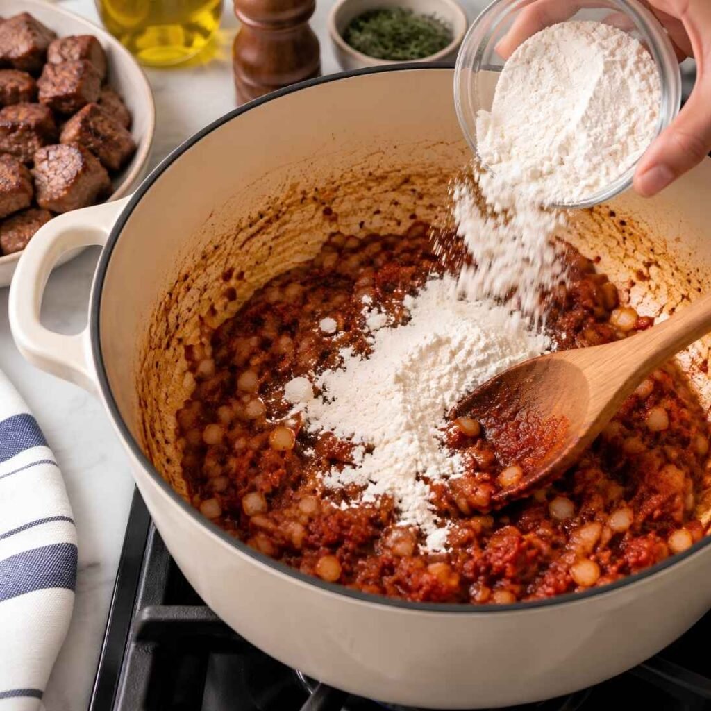 Make the Roux
Sprinkle the flour over everything and stir constantly for 1 to 2 minutes.