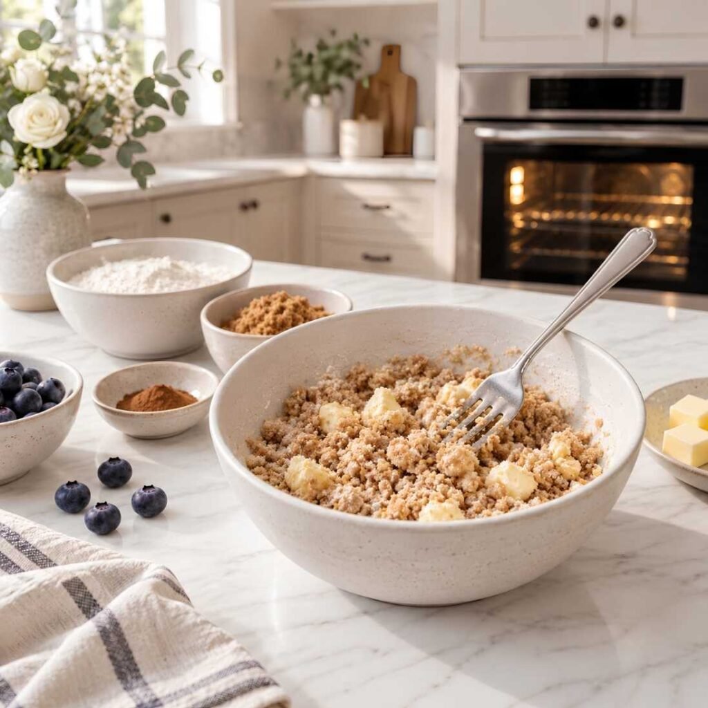 Make the Streusel Topping
In a bowl, combine flour, brown sugar, and cinnamon. Add cold butter and use a fork to mix everything together until the mixture becomes coarse and crumbly. Set the streusel aside.