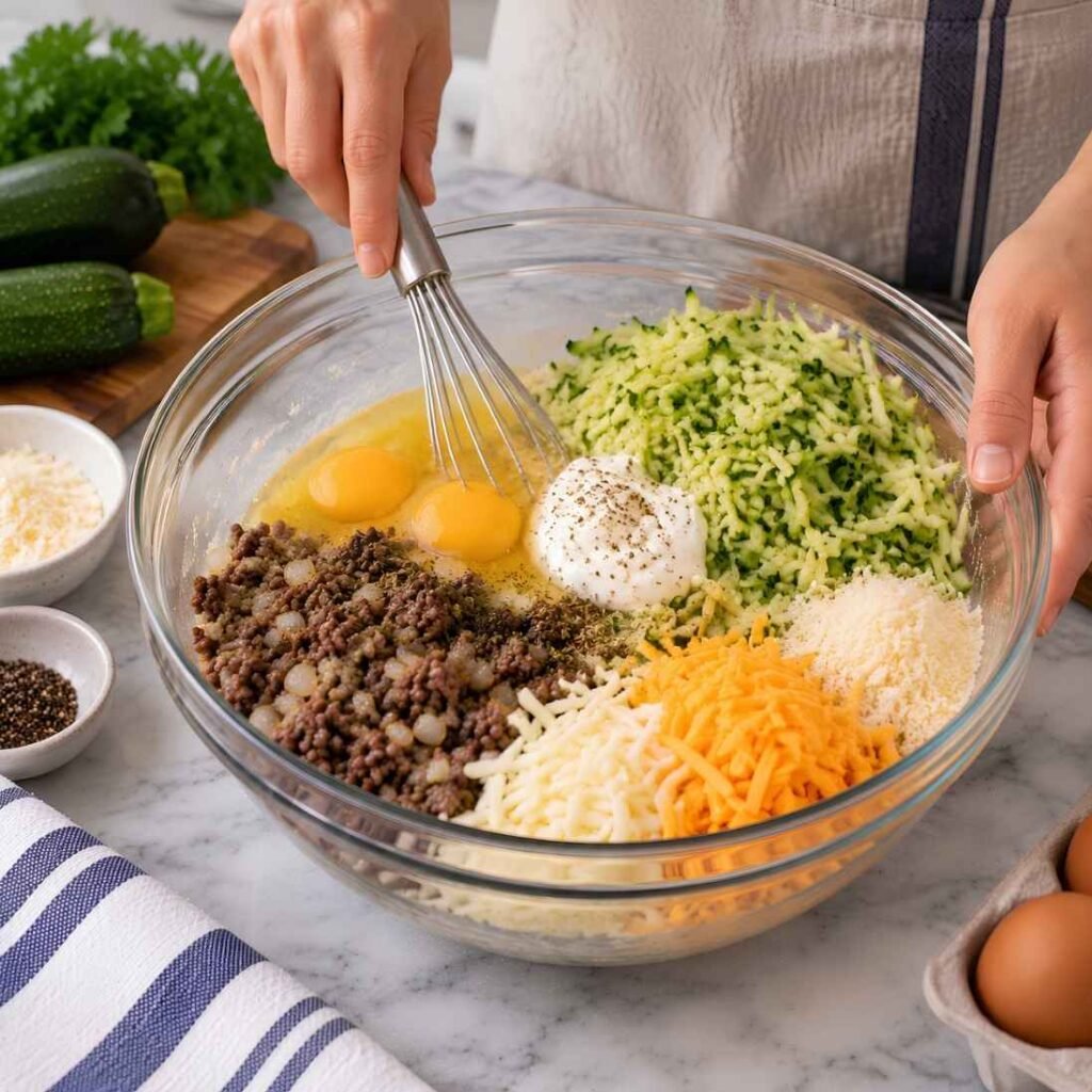 Mix the Base. Whisk the eggs and sour cream together in a large bowl until smooth.