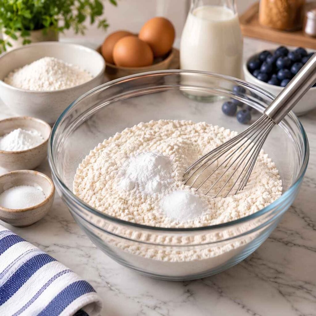 Mix the Dry IngredientsIn a large bowl, add the flour, baking powder, baking soda, and salt. Whisk the dry ingredients together until evenly combined.