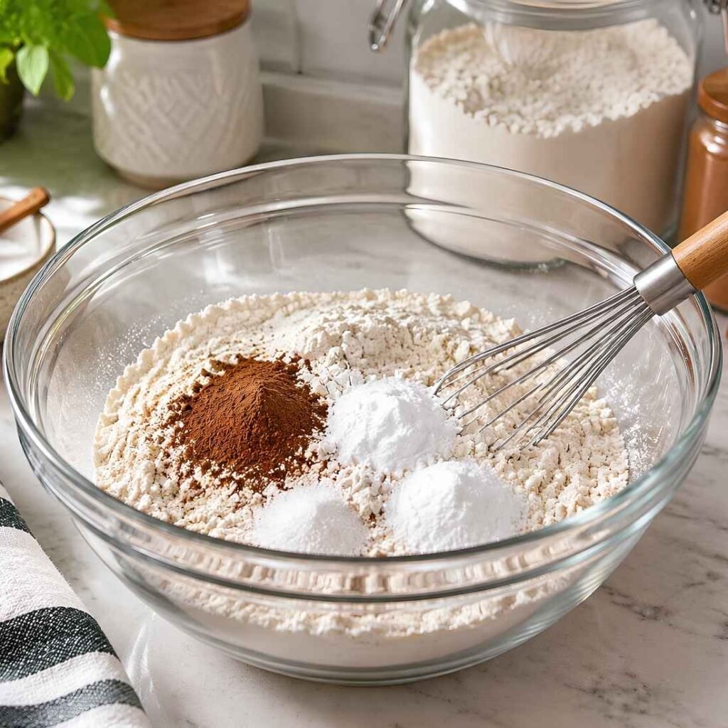 Mix the Dry IngredientsIn a large mixing bowl, add the flour, baking soda, baking powder, cinnamon, and salt.