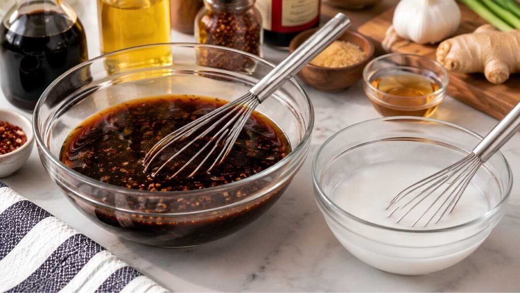 Mix the Sauce and Slurry Separately
Whisk the soy sauce, oyster sauce, broth, rice vinegar, honey, sesame