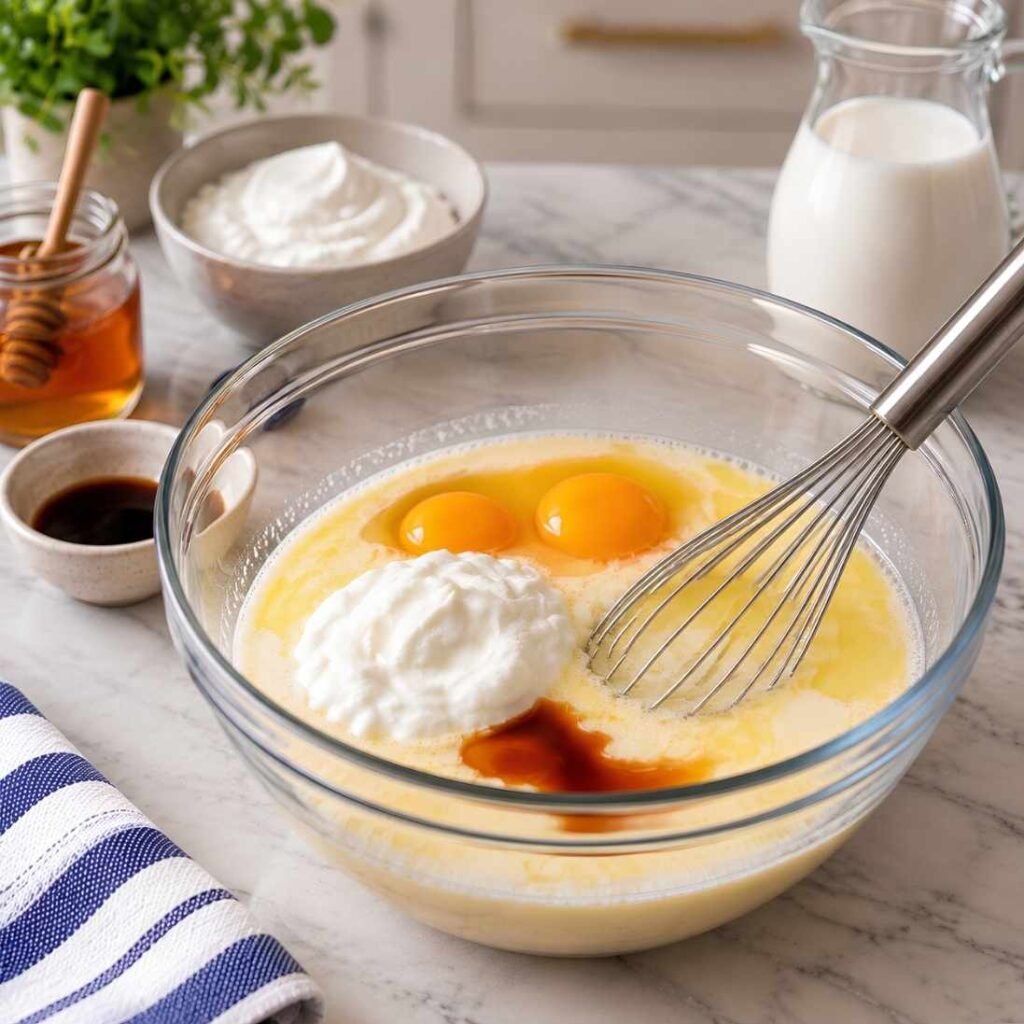 Mix the Wet IngredientsIn a separate bowl, combine the eggs, Greek yogurt, honey, melted coconut oil, milk, and vanilla extract. Whisk everything together until smooth and creamy.