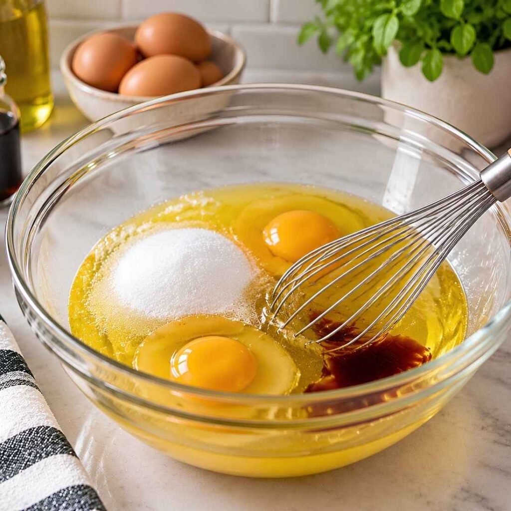 Mix the Wet IngredientsIn a separate bowl, whisk together the eggs, sugar, vegetable oil, and vanilla extract until the mixture becomes smooth and well combined.