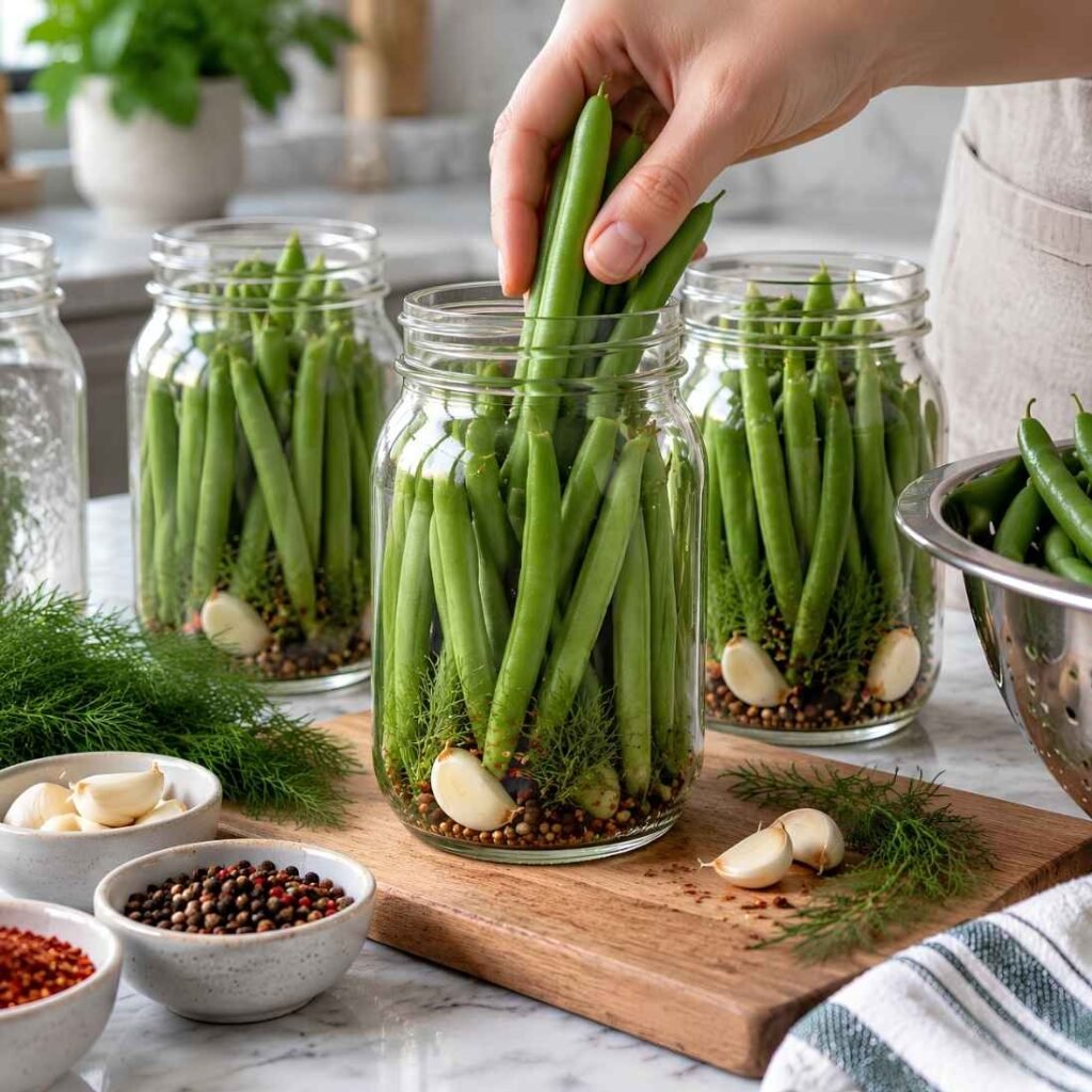 Pack the JarsAdd garlic cloves, fresh dill sprigs, black peppercorns, mustard seeds, and red pepper flakes (if using) evenly between the jars.