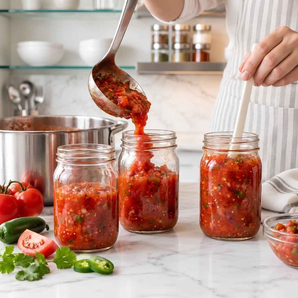 Pack the Jars: Ladle the hot salsa into the warm glass jars,