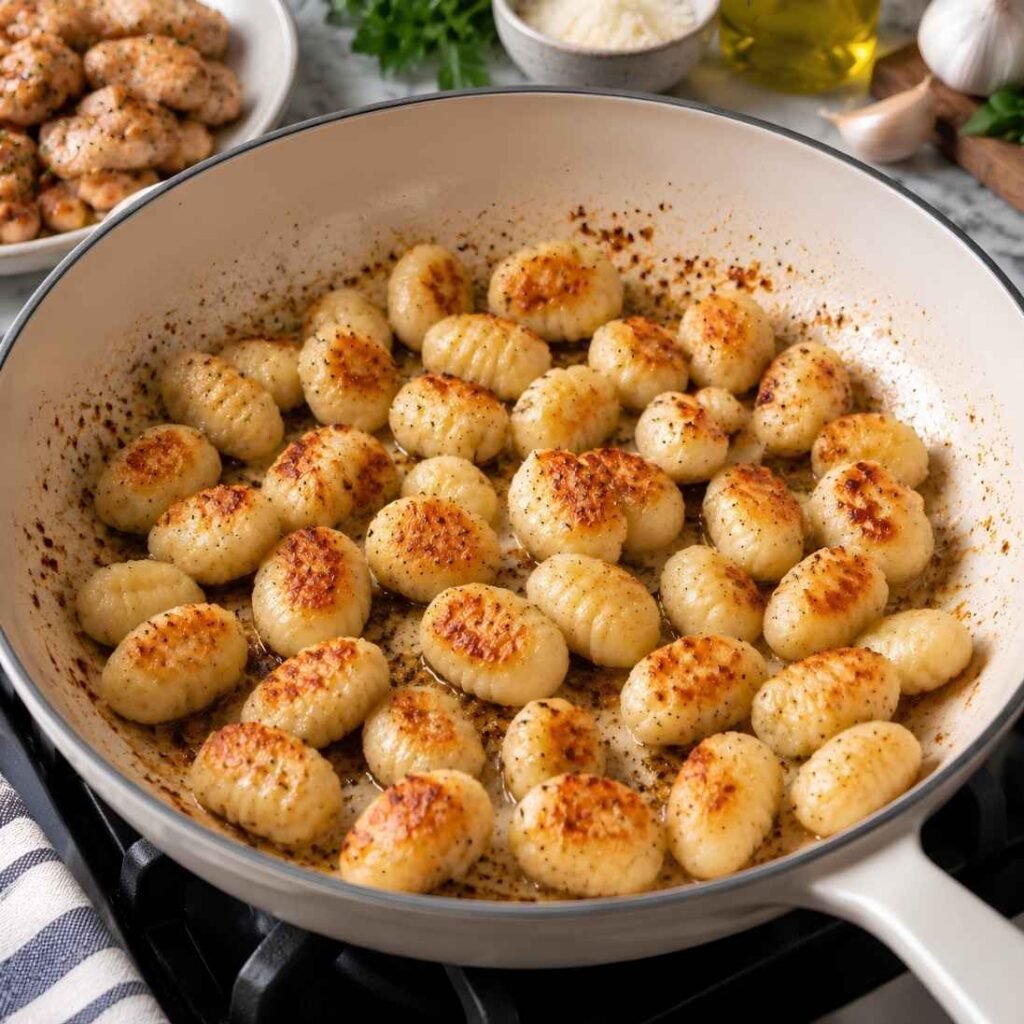 Pan-Fry the Gnocchi
Lower the heat to medium and melt the butter in the same skillet. Add the gnocchi straight from the package, no boiling needed, and spread them in a single layer.