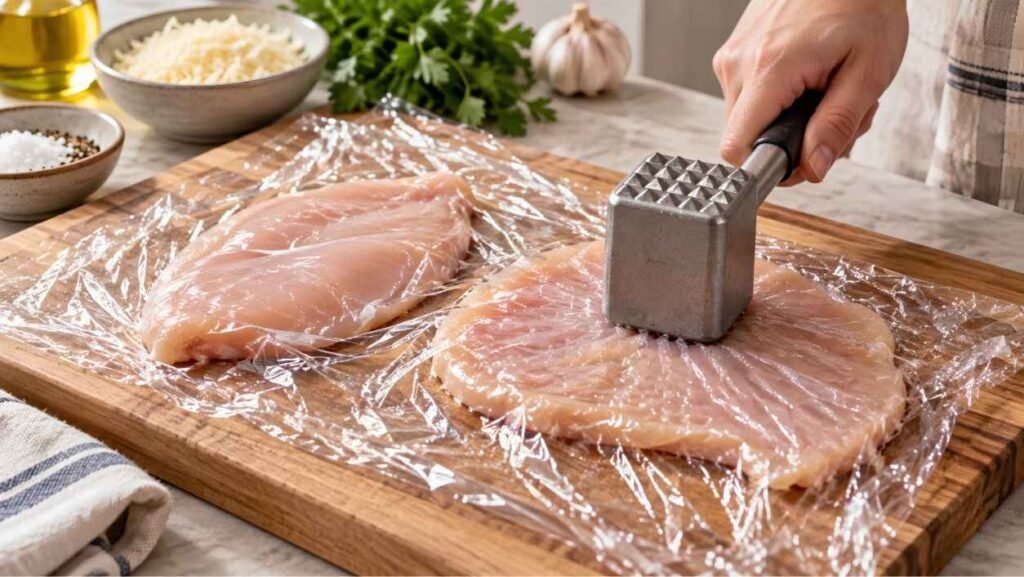Pound the Chicken Lay the halved breasts between two sheets of plastic wrap 