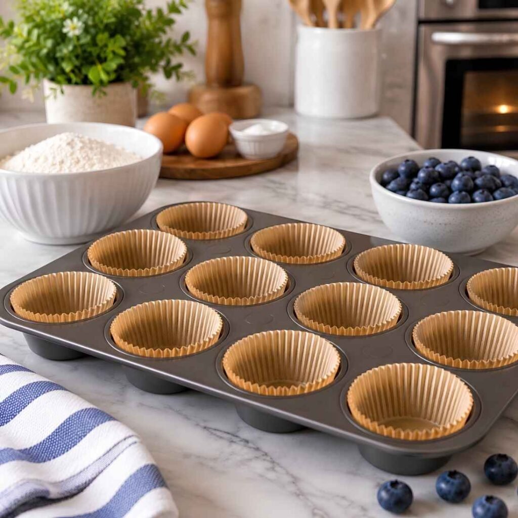 Prepare the Muffin TinPreheat your oven to 375°F (190°C). Line a muffin tin with paper liners and prepare the workspace with the ingredients needed for the muffins.