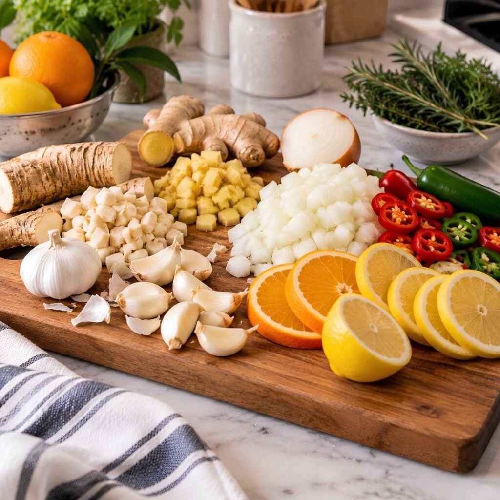 Prep the Aromatics Peel and chop the horseradish and ginger. Peel and smash the garlic cloves. Chop the onion and slice the hot peppers, orange, and lemon.