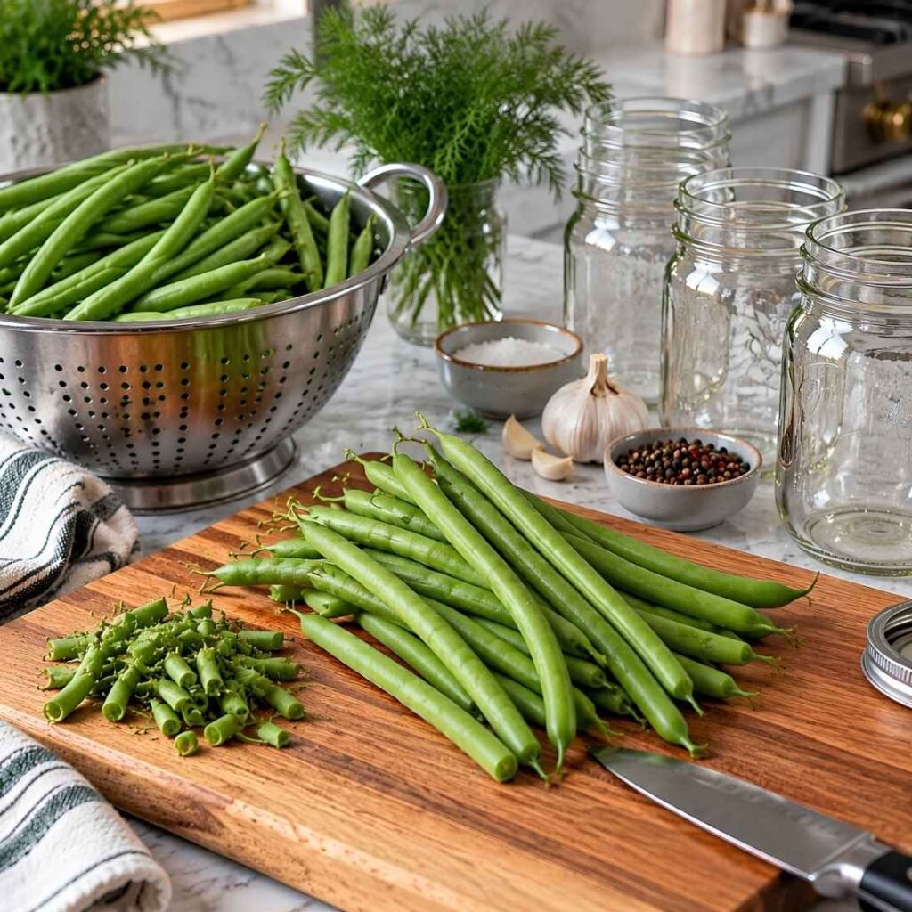 Prep the Jars and Green BeansWash your canning jars, lids, and rings thoroughly with hot soapy water and rinse well.