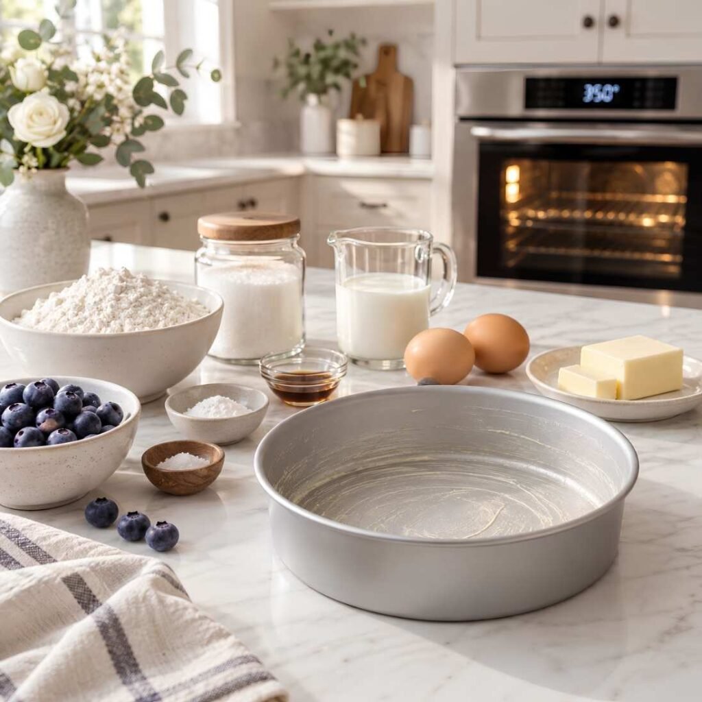 Prep the Pan and Ingredients Preheat the oven to 350°F (175°C). Grease a 9-inch round baking pan with butter. Measure and prepare the flour, sugar, butter, eggs, milk, vanilla, baking powder, salt, and fresh blueberries.