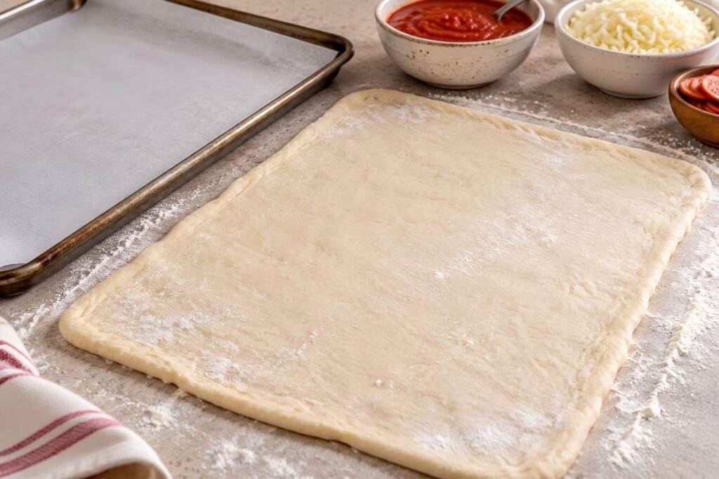 Prep the Sheet and Dough Line a large baking sheet with parchment.