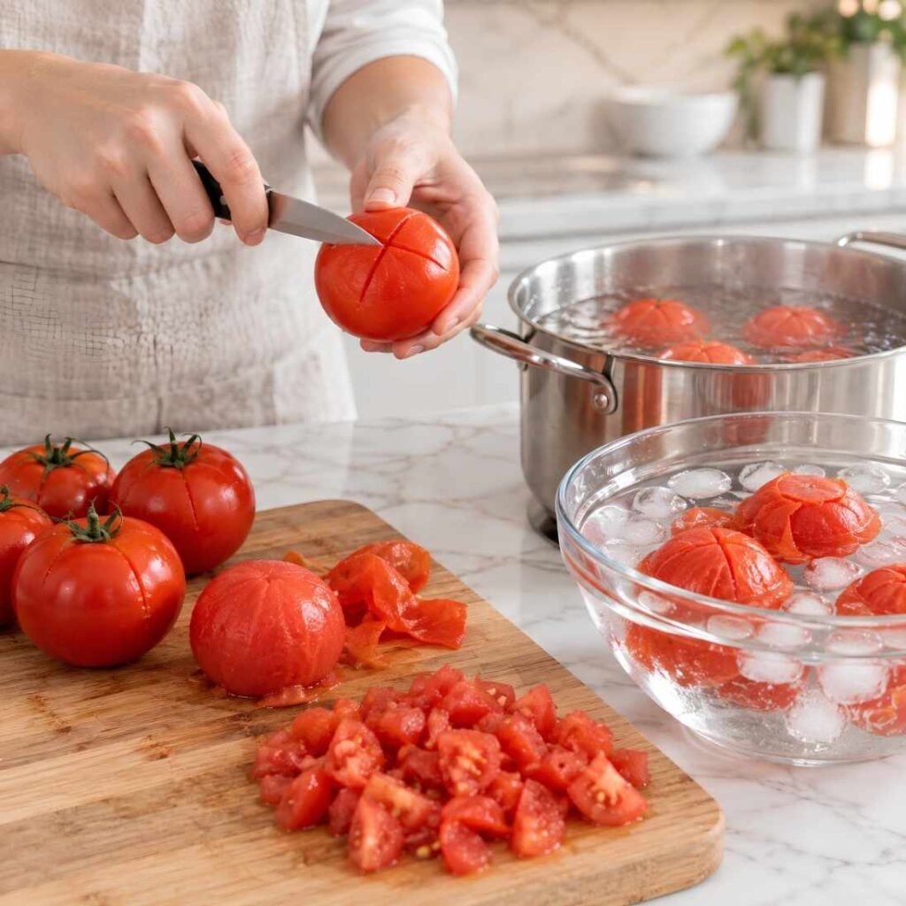 Prep the Tomatoes: Bring a large pot of water to a rolling boil.