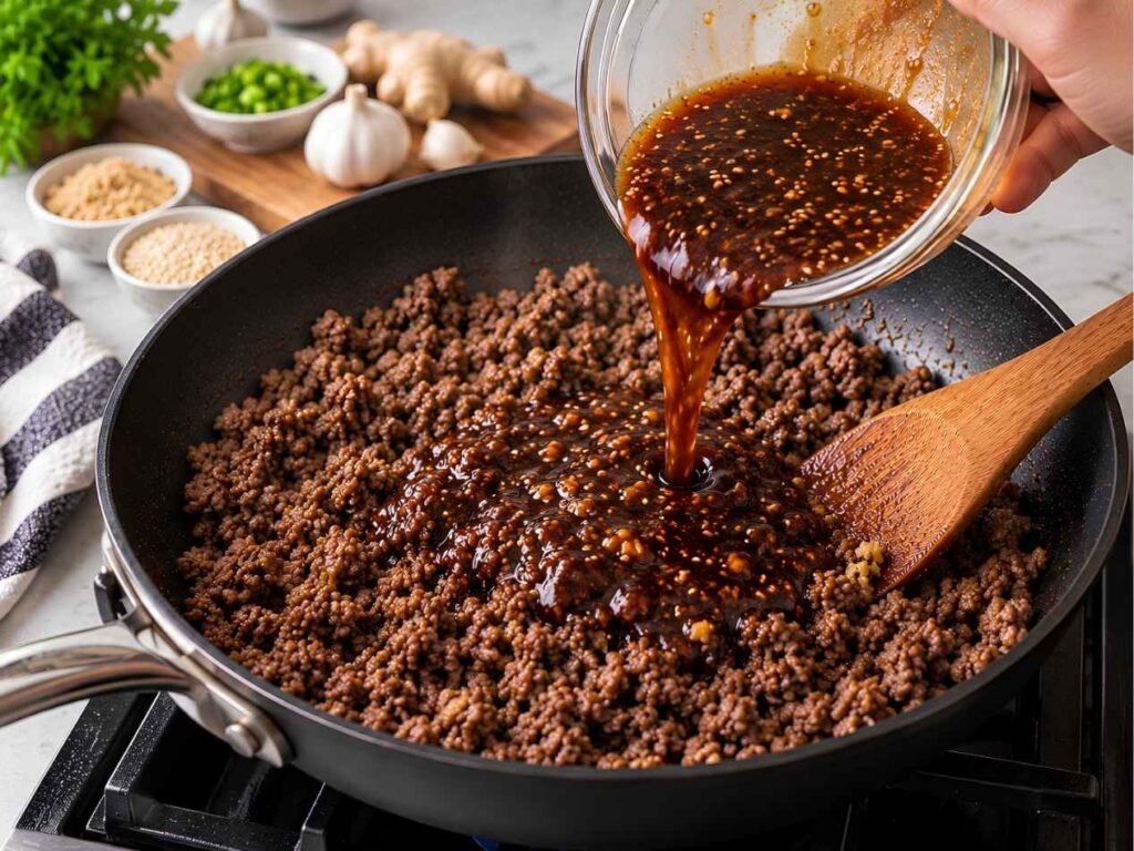 Prepare and Add the Bulgogi SauceIn a small bowl, combine soy sauce, brown sugar, sesame oil, rice vinegar, grated apple or pear, and seasonings.