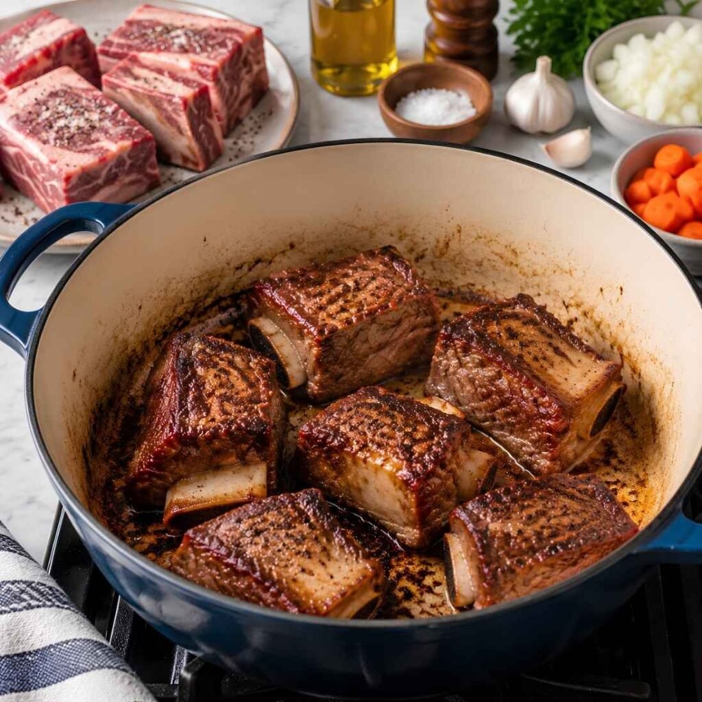 Prepare and Sear the Short Ribs Remove the short ribs from the refrigerator about 30 minutes before cooking.