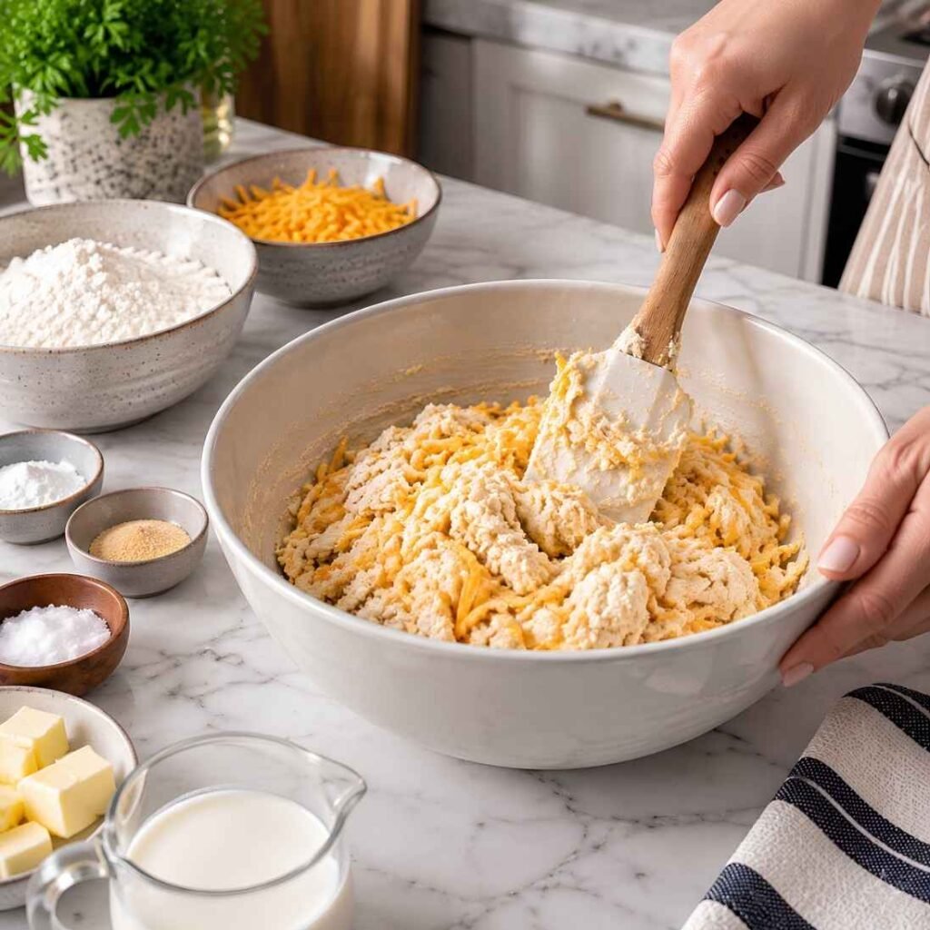 Prepare the Biscuit Dough Whisk flour, baking powder, garlic powder, and salt in a bowl.