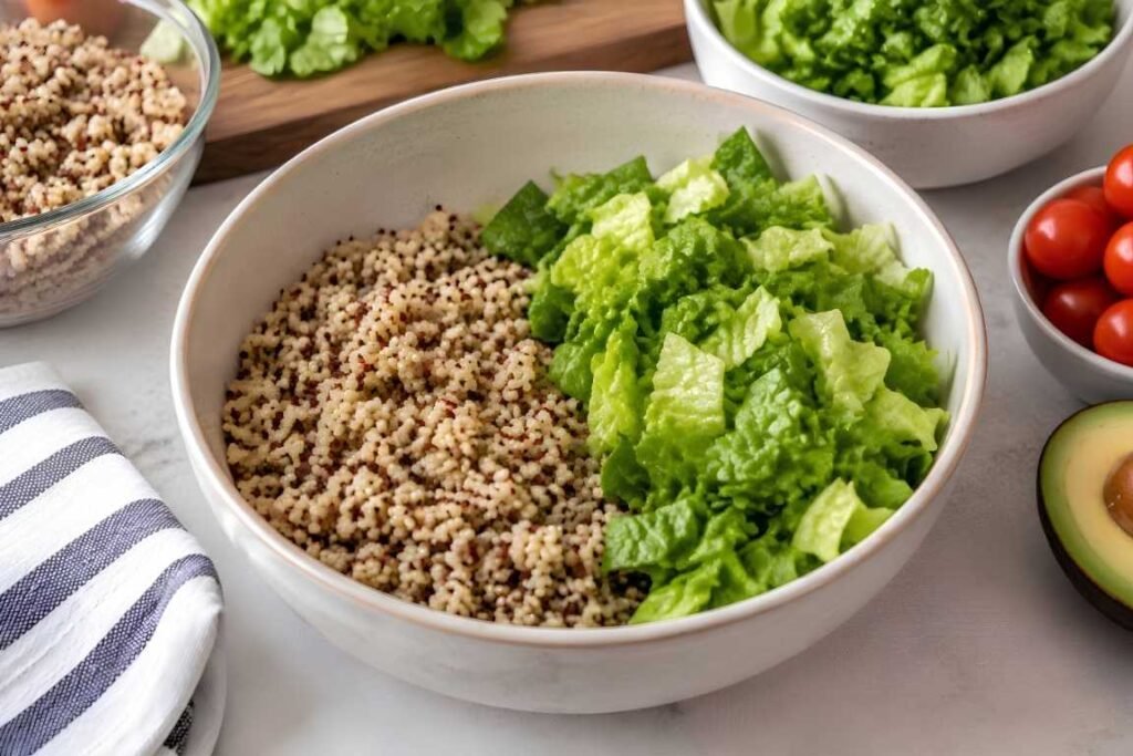 Prepare the Bowl Base Divide the cooked quinoa or cauliflower rice evenly between four bowls