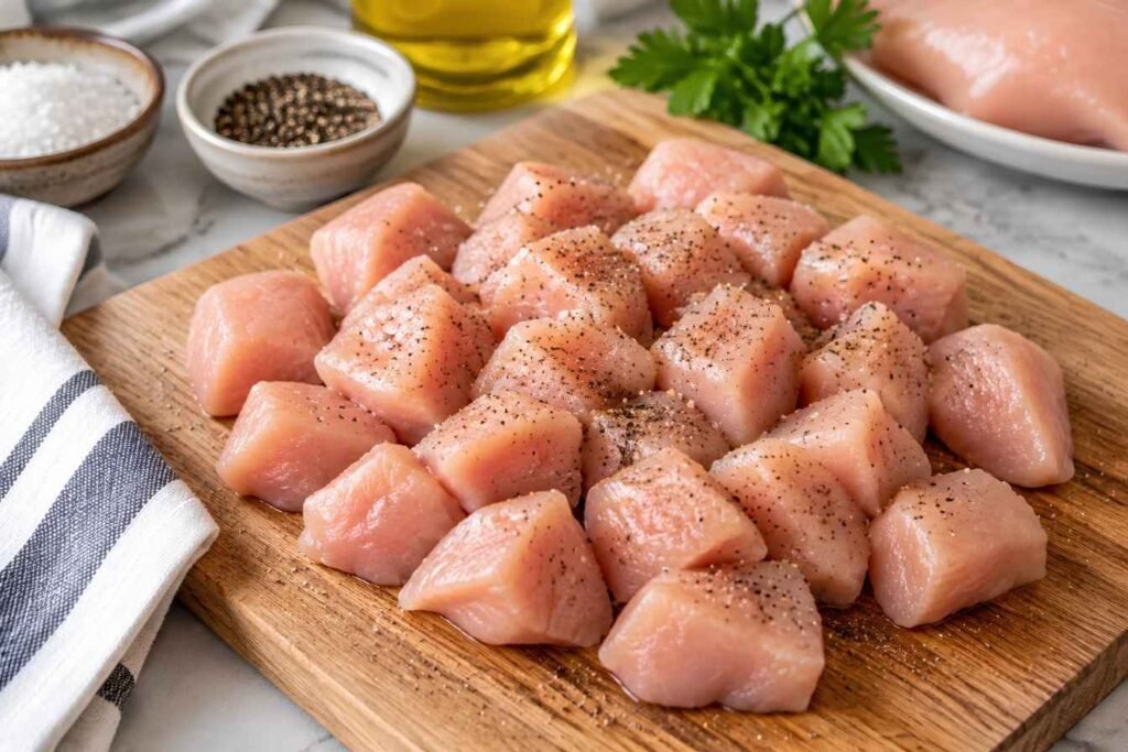 Prepare the Chicken Pat the chicken cubes dry with paper towels.