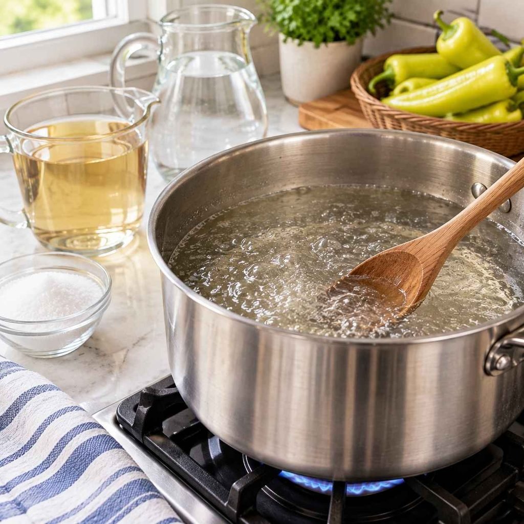 Combine the vinegar, water, and canning salt in a stainless steel or enamel pot.