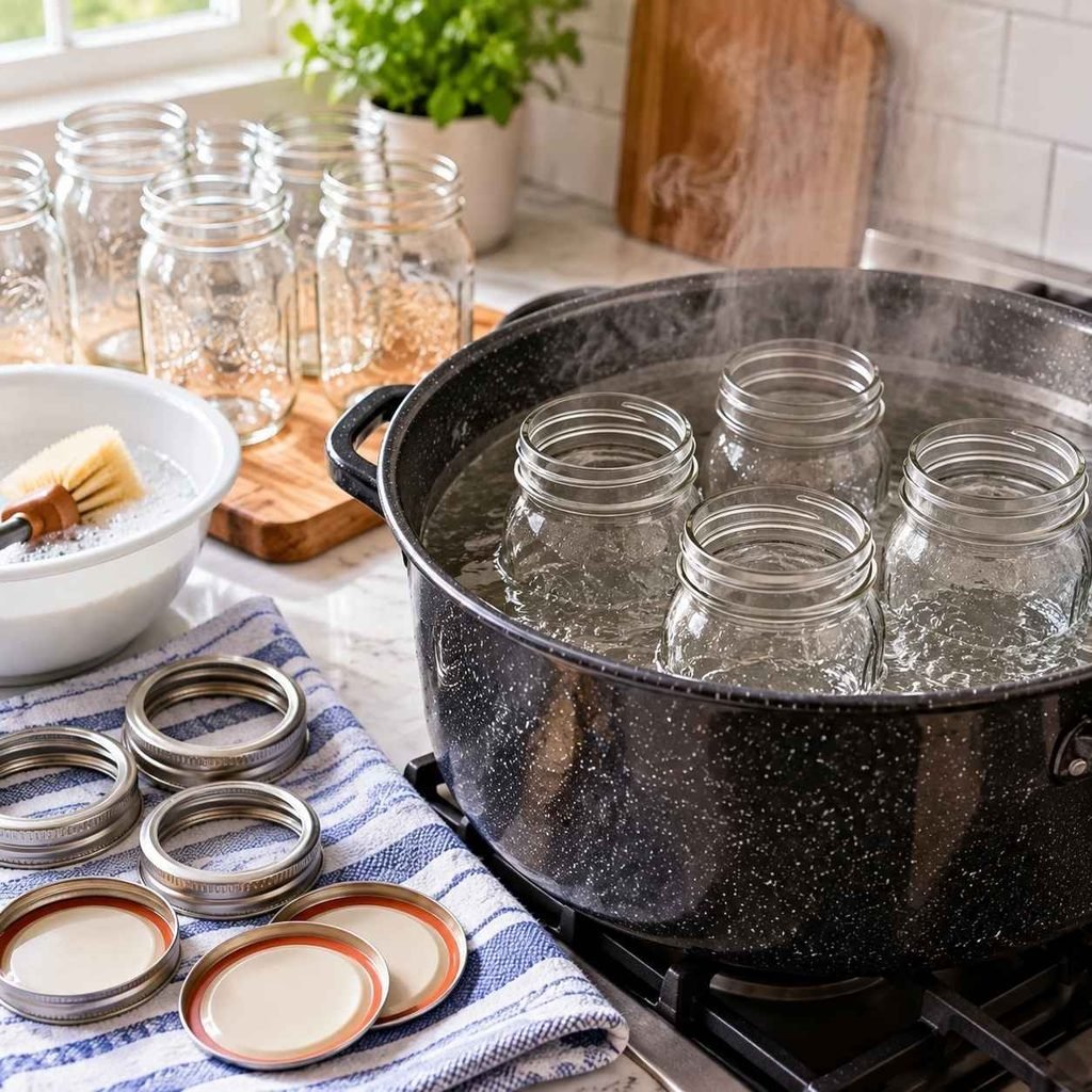 Wash pint jars, lids, and rings in hot soapy water and rinse well.