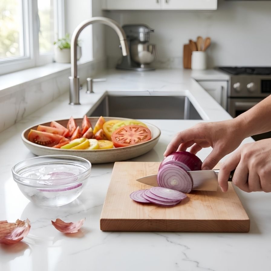 Prepare the OnionThinly slice the red onion.