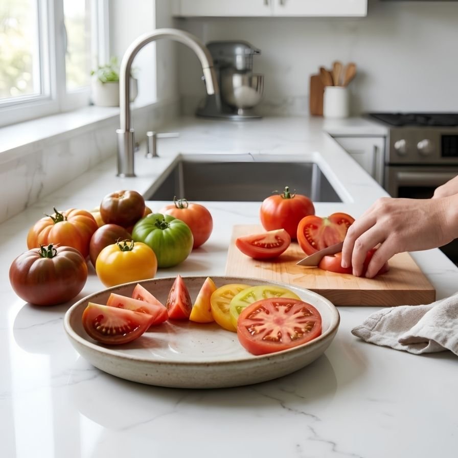 Prepare the TomatoesWash the heirloom tomatoes and dry them well.