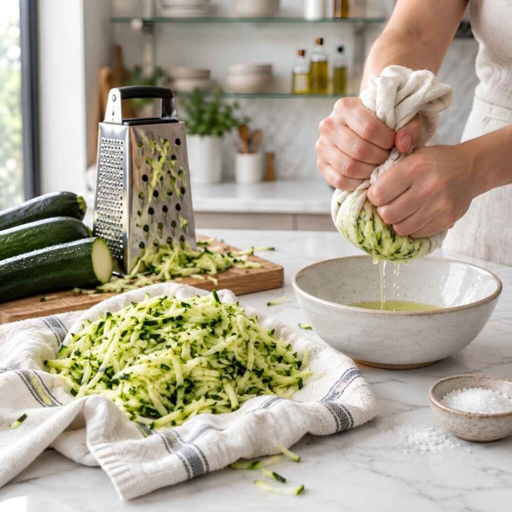 Prepare the Zucchini
Wash and grate the zucchini using the large holes of a box grater.