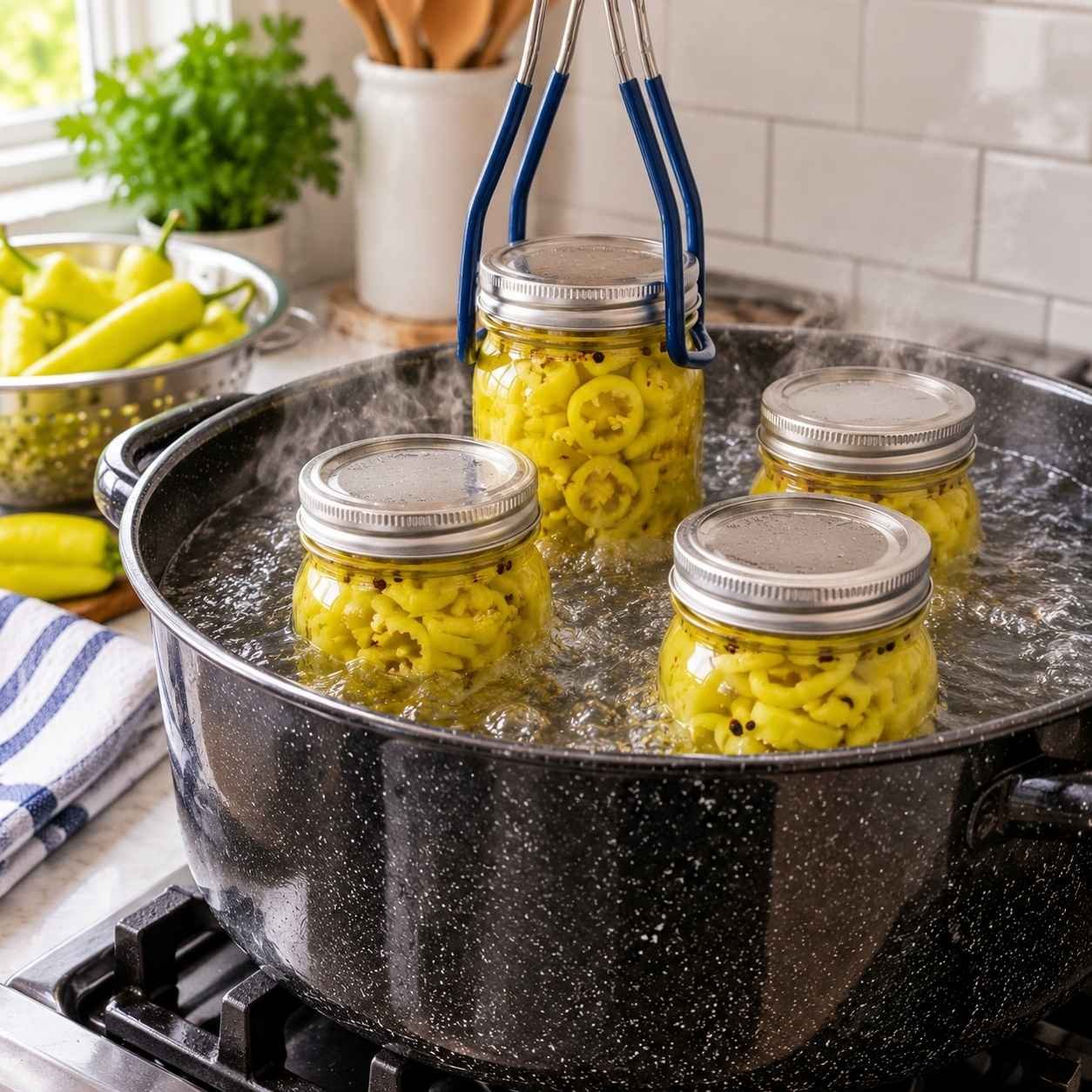 Lower the jars into a water bath canner and make sure they are covered by at least an inch of water.