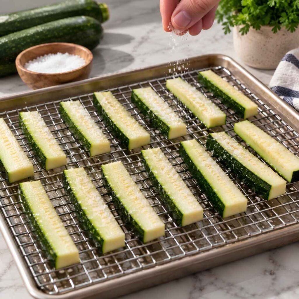 Salt and Drain: Lay the spears on a wire rack set over a baking sheet