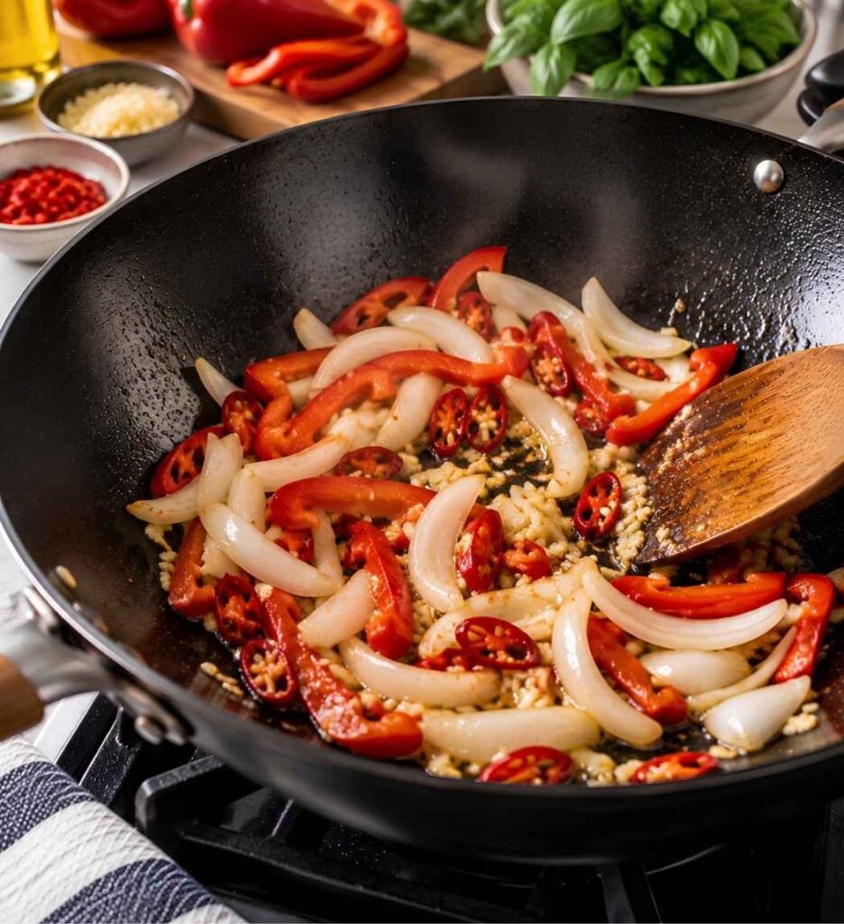 Sauté the Aromatics In the same pan, add the garlic and chilies, cooking for 30 seconds until fragrant but not browned