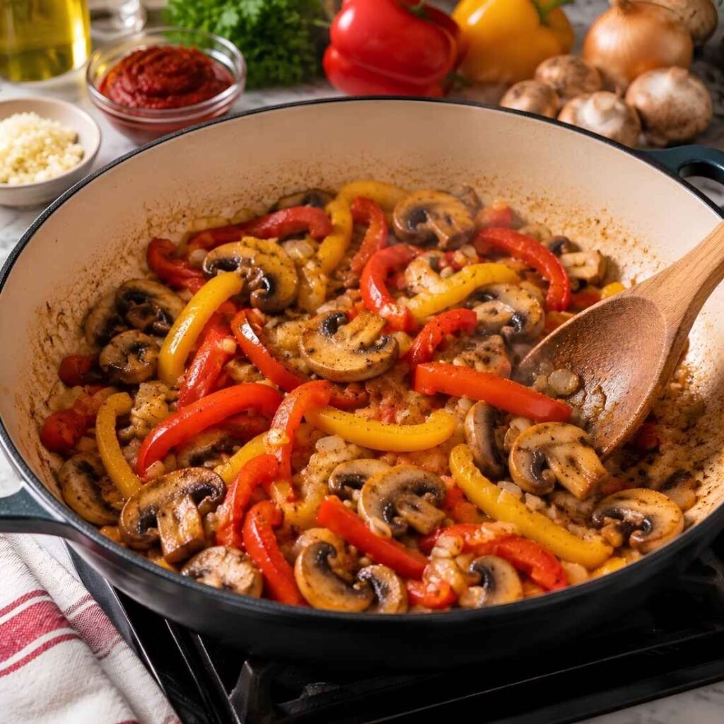  Sauté the Vegetables
Add the onion, bell peppers, and mushrooms to the same skillet. Cook for 6 to 8 minutes, until the mushrooms release their liquid and it evaporates. 